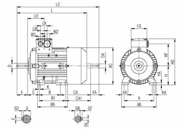 Габаритные и присоединительные размеры электродвигателя 1LA7 с 56 по 90 габарит (IMB3 - лапы)
