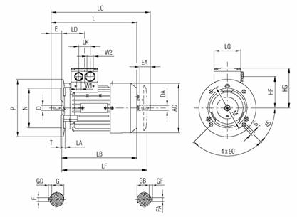 Габаритные и присоединительные размеры электродвигателя 1LA7 с 56 по 90 габарит (IMB5 - фланец) 